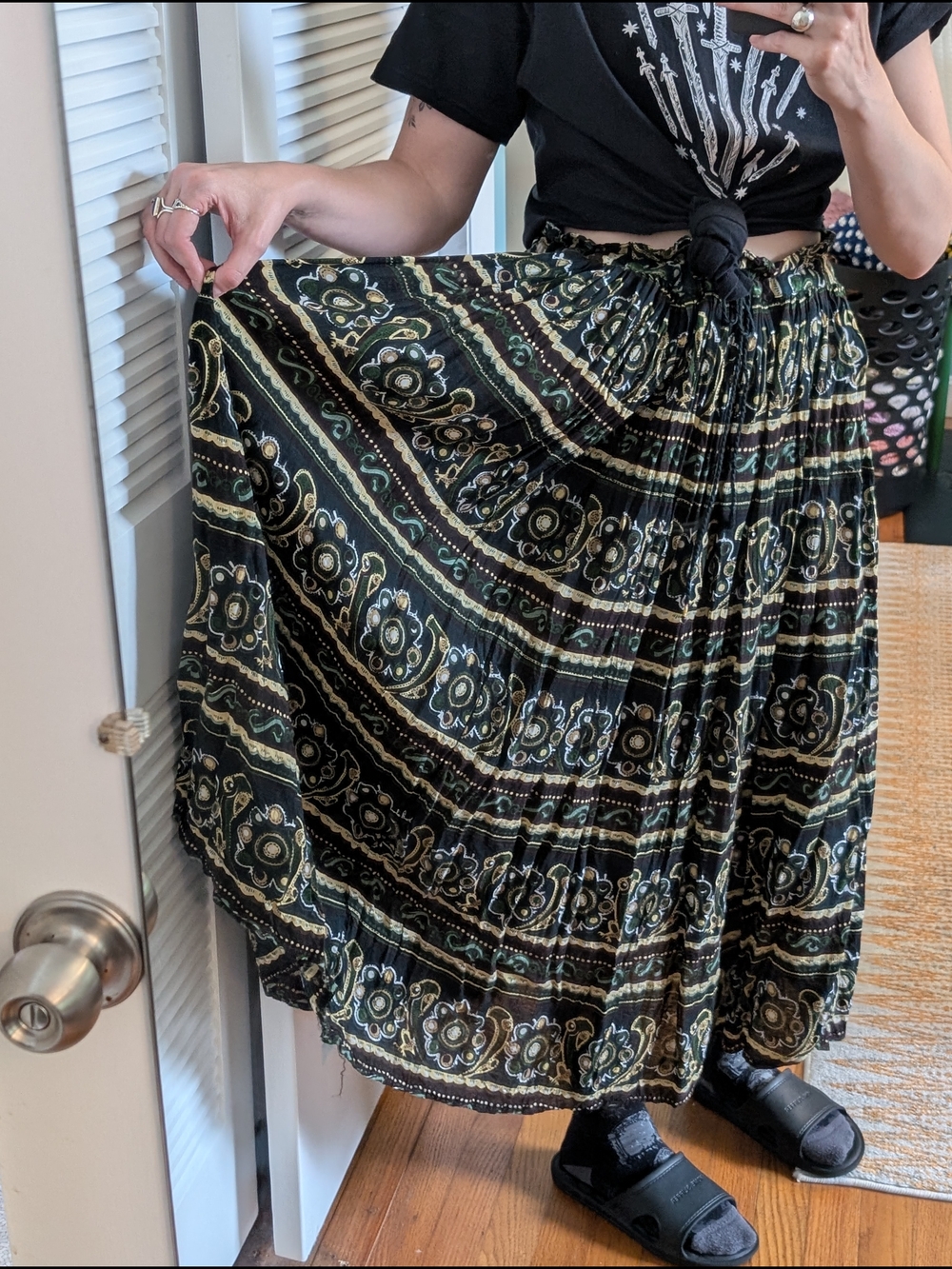 Vintage Whimsigoth/Boho Maxi Skirt In Green & Gold (Fits various sizes)
